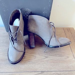 Vince Camuto stacked Booties. Grey nubuck leather stacked heel.